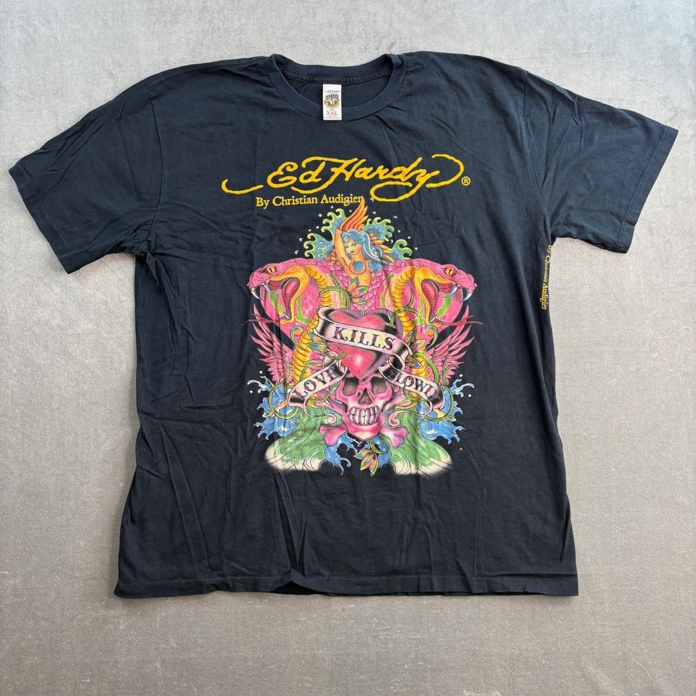 Ed Hardy by Christian Audigier Snake/Mermaid Short Sleeve Shirt, Mens Size 2XL